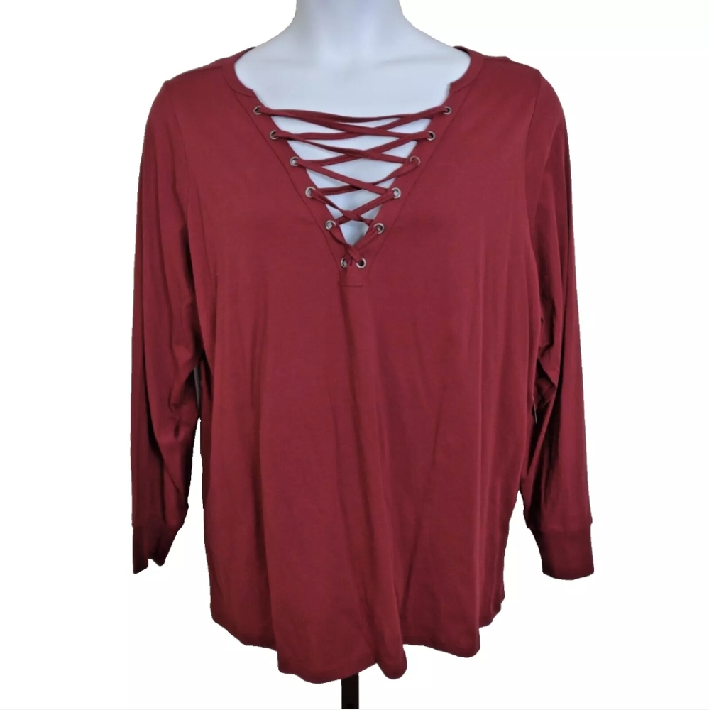 Torrid Women's Plus 2 2X Rhubarb Long Sleeve Classic Fit Lace Up Jersey Tee NWT
